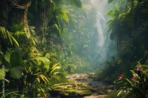 A serene waterfall cascades gently into a crystal-clear pool within the dense greenery of a sunlit tropical rainforest, inviting a sense of peace and natural beauty. Resplendent.