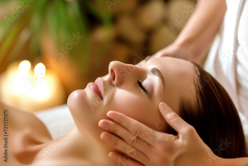 Relaxed young woman getting facial massage in spa salon. Beauty treatment concept