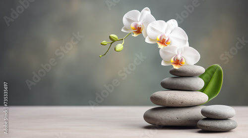 White orchid and zen stones on grey background with copy space