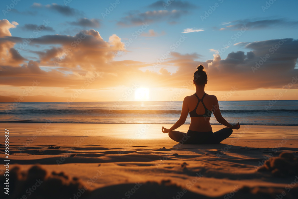 Silhouette of young woman practicing yoga on the beach at sunset Silhouette of young woman practicing yoga on the beach at sunset