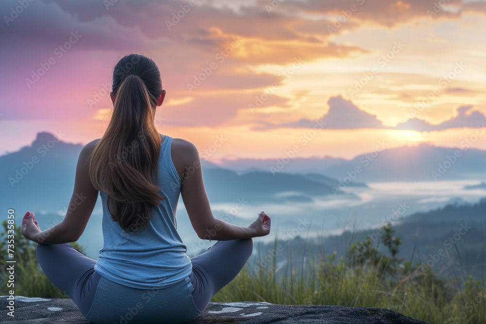 Young woman meditating in lotus position on mountain peak at sunrise