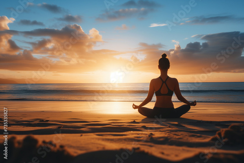 Silhouette of young woman practicing yoga on the beach at sunset © kazakova0684