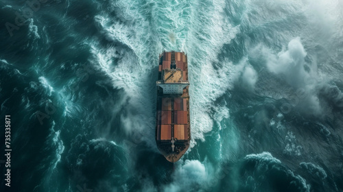 A cargo ship is shown navigating through an increasingly narrow and heavily militarized shipping lane highlighting the challenging conditions created by geopolitical tensions. photo