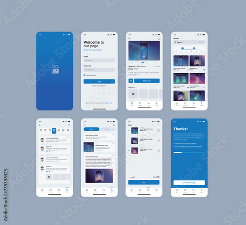 Smartphone UI app. Phone screens for shop application. Mobile interface with account login and shopping cart. Screenshots responsive website mockups. photo