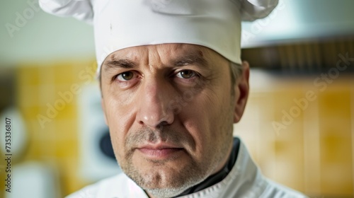 Focused Chef Wearing White Hat in Close-up Shot AI Generated