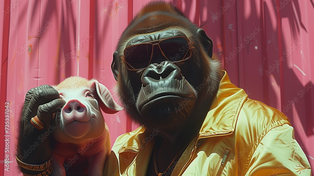 portrait of a gorilla with a pig in his arms,. Generative AI