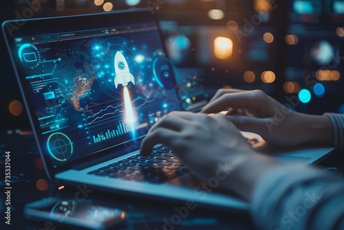 Embark on an engaging visual narrative of a startup business scenario, showcasing a businessman utilizing a laptop with a virtual screen displaying a rocket icon and an upward arrow symbolizing rapid  © Silvana