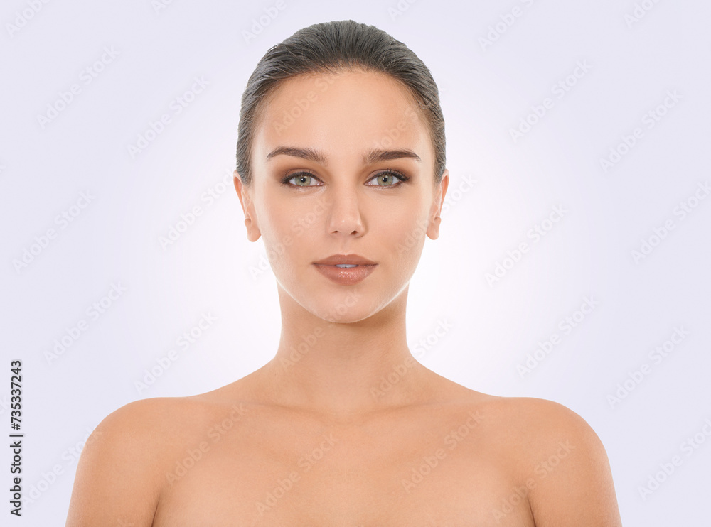 Girl, skincare and face in studio for beauty with natural look, cosmetics and dermatology for wellness. Woman, portrait and clean for self care, mockup and white background with topless serious model Girl, skincare and face in studio for beauty with natural look, cosmetics and dermatology for wellness. Woman, portrait and clean for self care, mockup and white background with topless serious model