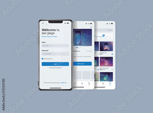 Smartphone UI app. Phone screens for shop application. Mobile interface with account login and shopping cart. Screenshots responsive website mockups.