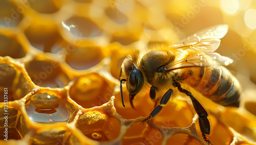 A mesmerizing macro shot captures the delicate membranewinged bee pollinating a golden honeycomb, highlighting the essential role of this yellow arthropod as a vital pollinator and showcasing the bea photo