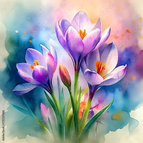 Watercolor illustration of crocuses. This illustration is suitable for the design of notebooks  calendars  and tote bags.