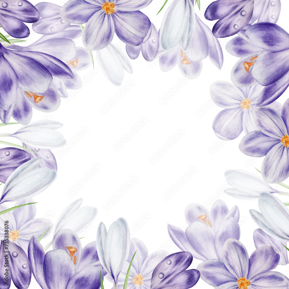 Watercolor frame with white and purple blooming crocus flower isolated on white background. Spring and easter botanical hand painted template saffron illustration. For designers, wedding, decorati Watercolor frame with white and purple blooming crocus flower isolated on white background. Spring and easter botanical hand painted template saffron illustration. For designers, wedding, decorati