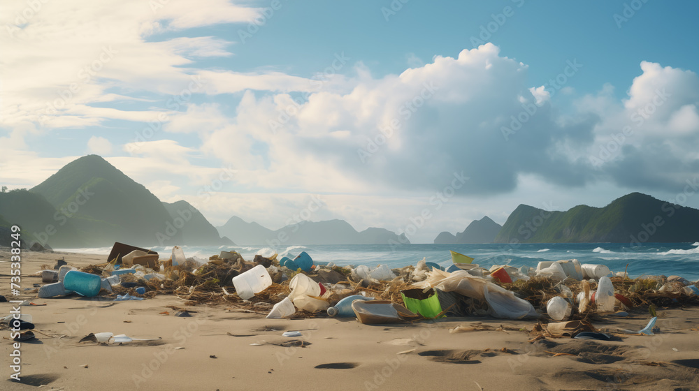 Pile of garbage on the beach. Beach trash. Pile of garbage on the beach. Beach trash.
