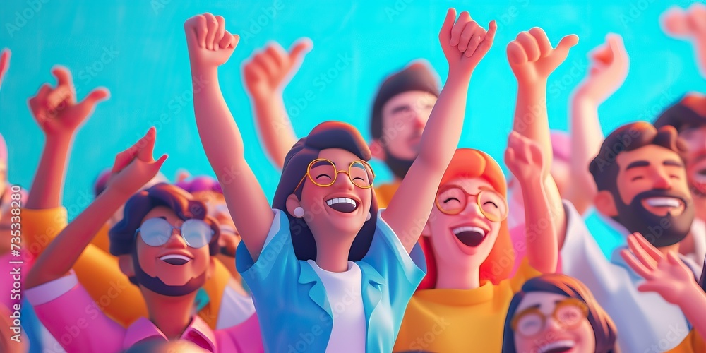 The image depicts a vibrant scene of animated characters, where multiple individuals are shown celebrating with joy and excitement. The characters are presented with a variety of expressions, from wid The image depicts a vibrant scene of animated characters, where multiple individuals are shown celebrating with joy and excitement. The characters are presented with a variety of expressions, from wid