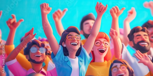 The image depicts a vibrant scene of animated characters, where multiple individuals are shown celebrating with joy and excitement. The characters are presented with a variety of expressions, from wid
