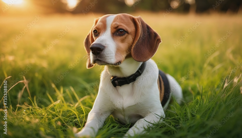 Beagle dog, dog at dawn, purebred dog in nature, happy dog, beautiful dog