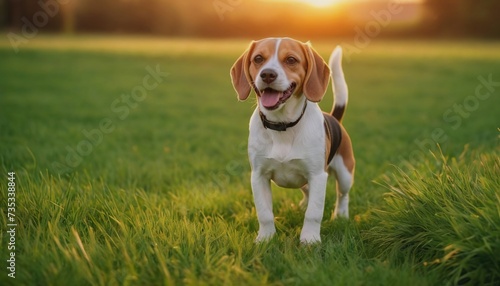 Beagle dog, dog at dawn, purebred dog in nature, happy dog, beautiful dog