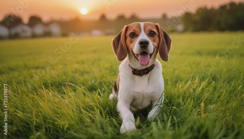 Beagle dog, dog at dawn, purebred dog in nature, happy dog, beautiful dog photo