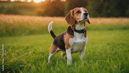 Beagle dog, dog at dawn, purebred dog in nature, happy dog, beautiful dog © Vladislav