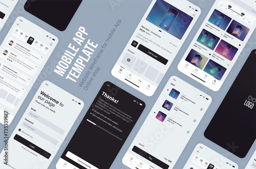 Smartphone UI app. Phone screens for shop application. Mobile interface with account login and shopping cart. Screenshots responsive website mockups.