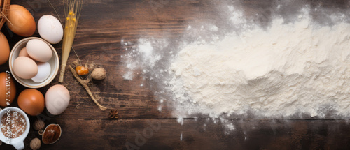 Baking Ingredients and Utensils Laid Out on Dark Wooden Surface with Flour, Eggs, Wheat, and Spices for Cooking