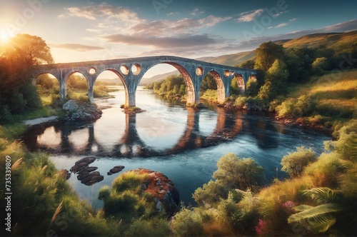 a bridge arching over the calm waters of a river