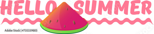 Vector Hello Summer Beach Party horizontal banner Design template with fresh watermelon slice isolated on white background. Hello summer concept label or poster with fruit and typographic text.