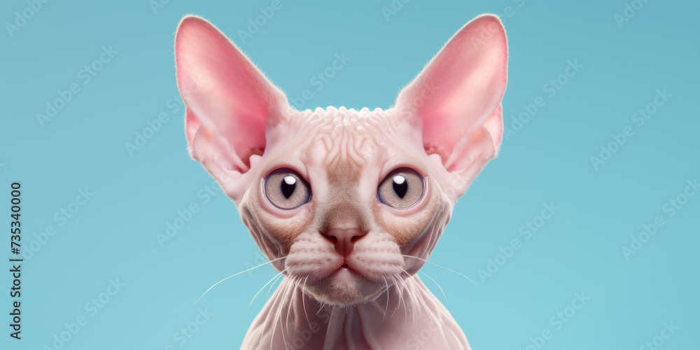 Hairless Sphynx Cat with Large Ears and Piercing Blue Eyes on a Blue Background
