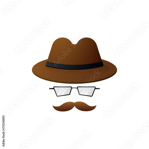 Private brown agent mask template. Hat with mustache and glasses of inspector character solving crime and conducting surveillance with vector investigation
