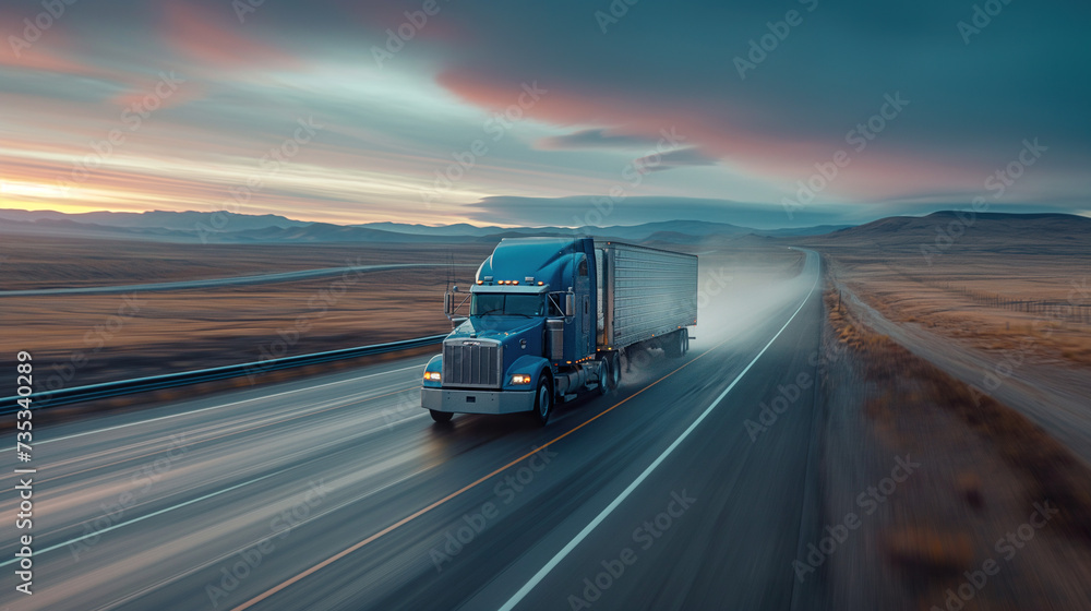 Truck Transportation logistics in action: A blue semi speeds through a desert road with snowy mountains backdrop, epitomizing reliable freight delivery across diverse terrains