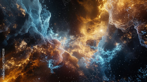 From a primordial void a symphony of energetic particles coalesce to create a breathtaking cosmic canvas dotted with newborn stars and majestic galactic structures.