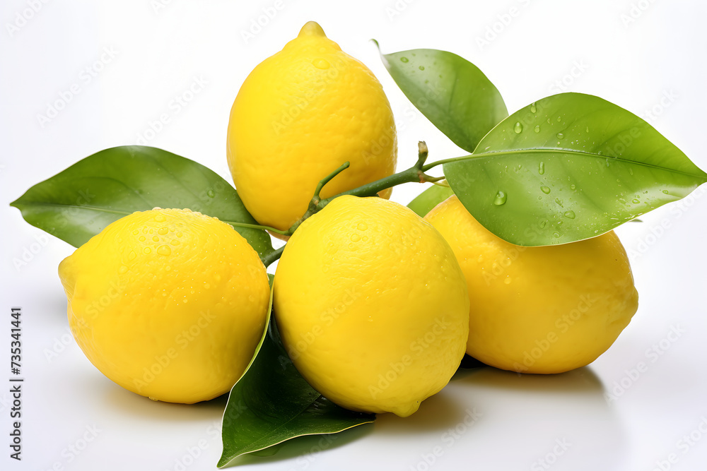 four lemons with leafs on a white background