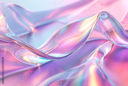 Holo geometric glass shapes glowing neon light on abstract holographic background. Flying fluid pink glassmorphism