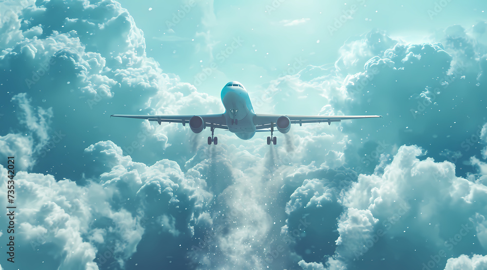 Naklejka premium A sleek jet aircraft soars through the cloudy sky, defying gravity and taking passengers on a journey through the ever-changing landscape of air travel