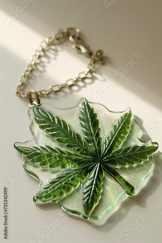 a necklace is shaped like a green marijuana leaf in t