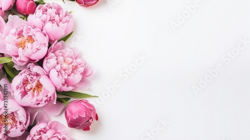 composition of a bouquet of pink peony flowers, top view with copy space on a white background © ТаtyanaGG