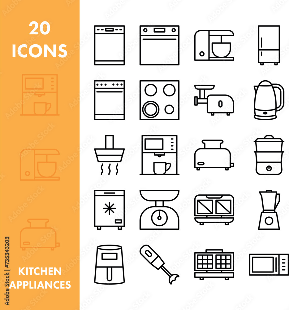 Zestaw ikon urządzenia kuchenne. Grafika wektorowa wyposażenia kuchennego.  - obrazy, fototapety, plakaty 