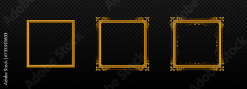 Gold square frames with ornaments set. Royal vintage banners for photos and paintings with luxurious victorian design and antique baroque vector style