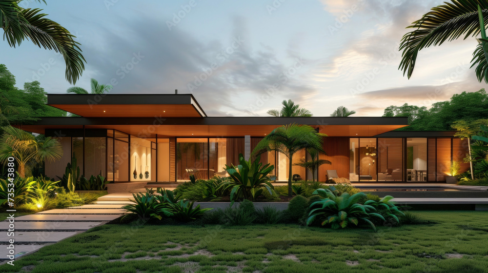 This modern retreat is built with careful consideration of the surrounding environment blending seamlessly with the lush greenery and natural elements to create a tranquil