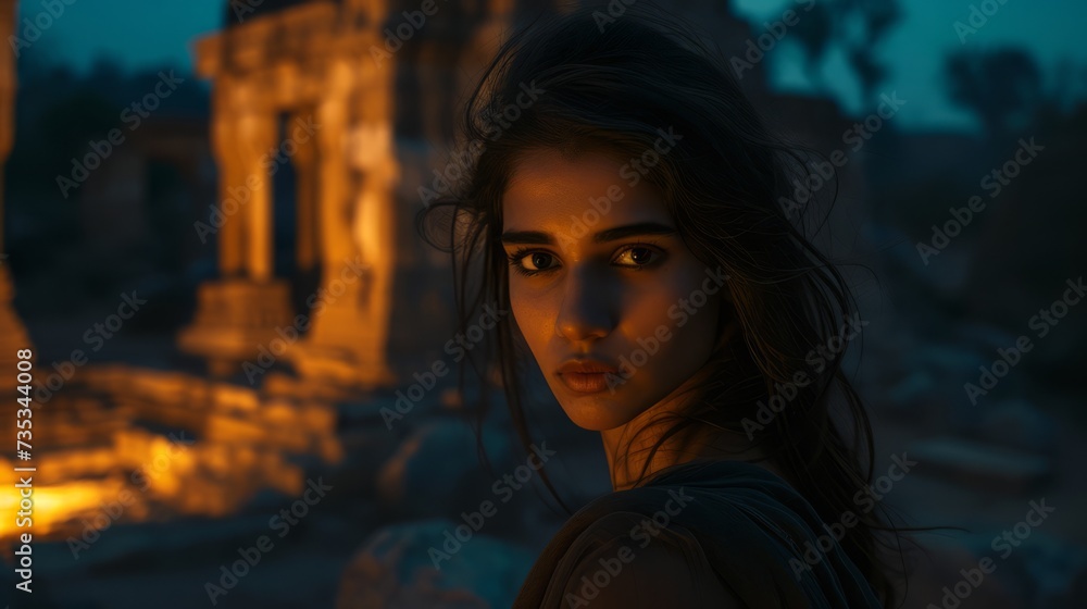 Obraz premium Beautiful brunette girl at sunset in Hampi, India. Sultry brunette gazes thoughtfully into the camera against the mystical ruins of Hampi. The ethereal glow of twilight illuminates her features. 