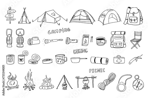 Set of camping, hiking, picnic elements in doodle style. Travel accessories and equipment. Tourist tent, rucksack. Hand drawn vector illustration for cards, posters, stickers and professional design