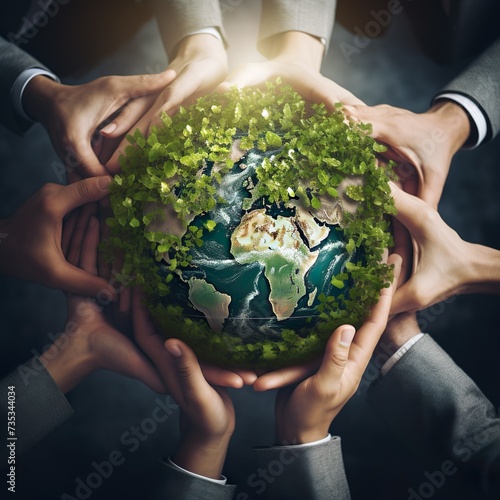Green friendly eco Hands of business people Embracing Green Globe.Protecting Planet Together.Environment Earth Day. Responsibility for the environment. Ecosystem and Organization Development ESG csr photo