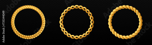 Braid circle golden 3d frame. Round braided ring. Twisted rope ornament