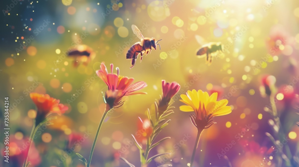 Bees flying and pollinating flowers on a beautiful summer day with a bokeh background