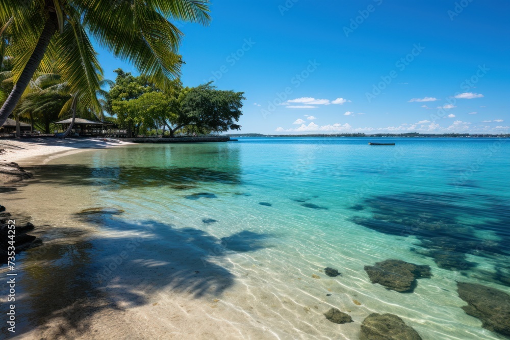 A tropical beach with crystal clear blue water and palm trees providing shade against the bright sun.