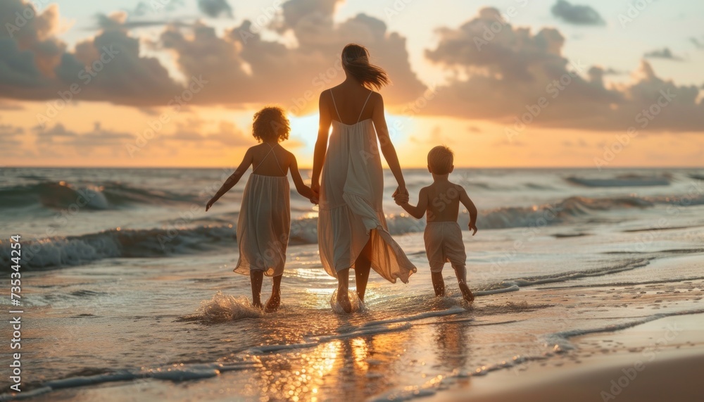 Mother and Her Children Strolling on the Beach Mother and Her Children Strolling on the Beach