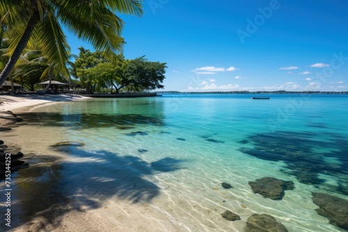 A tropical beach with crystal clear blue water and palm trees providing shade against the bright sun.