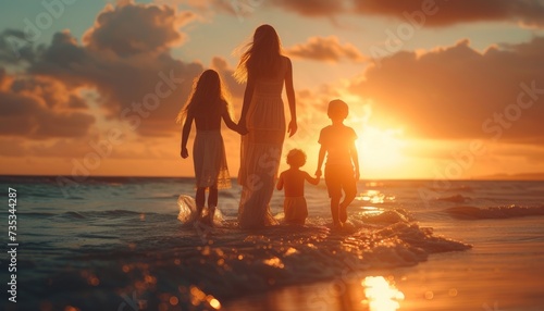 Mother and her children walking on the beach photo