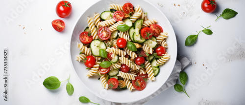 Pasta Salad with Sliced Cucumbers, Cherry Tomatoes, and Fresh Basil on a White Surface