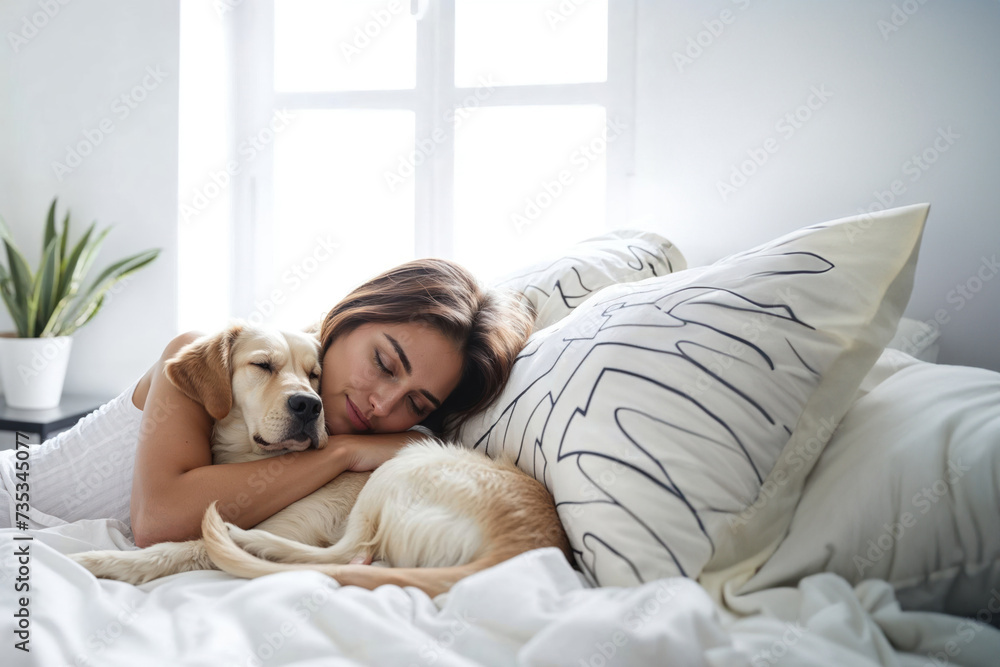 A peaceful woman finds solace and warmth in the loving embrace of her loyal dog, as they both rest comfortably in the safety of their indoor sanctuary A peaceful woman finds solace and warmth in the loving embrace of her loyal dog, as they both rest comfortably in the safety of their indoor sanctuary